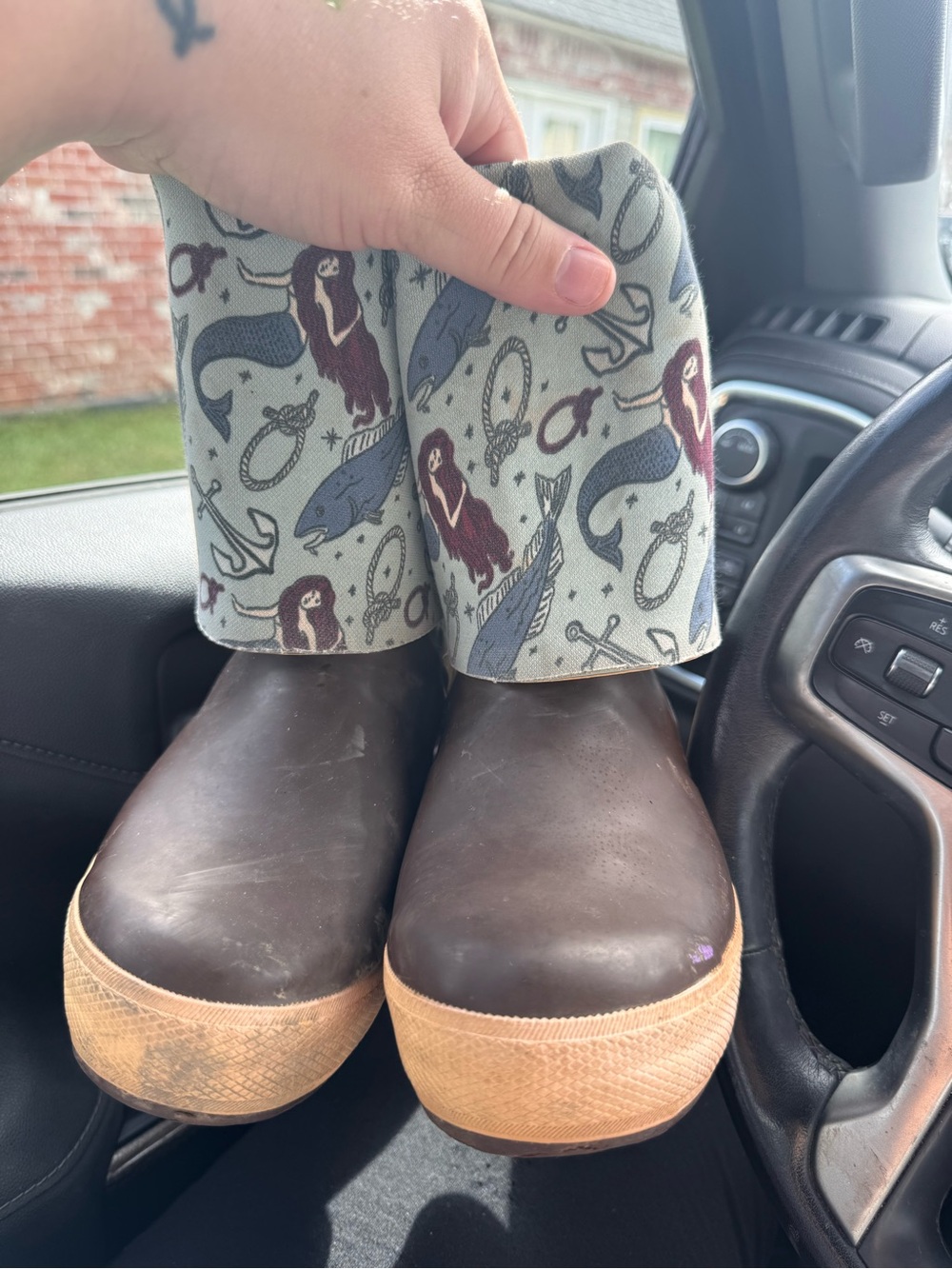 Women’s Brown Rain Boots with Mermaid Print Cuffs
